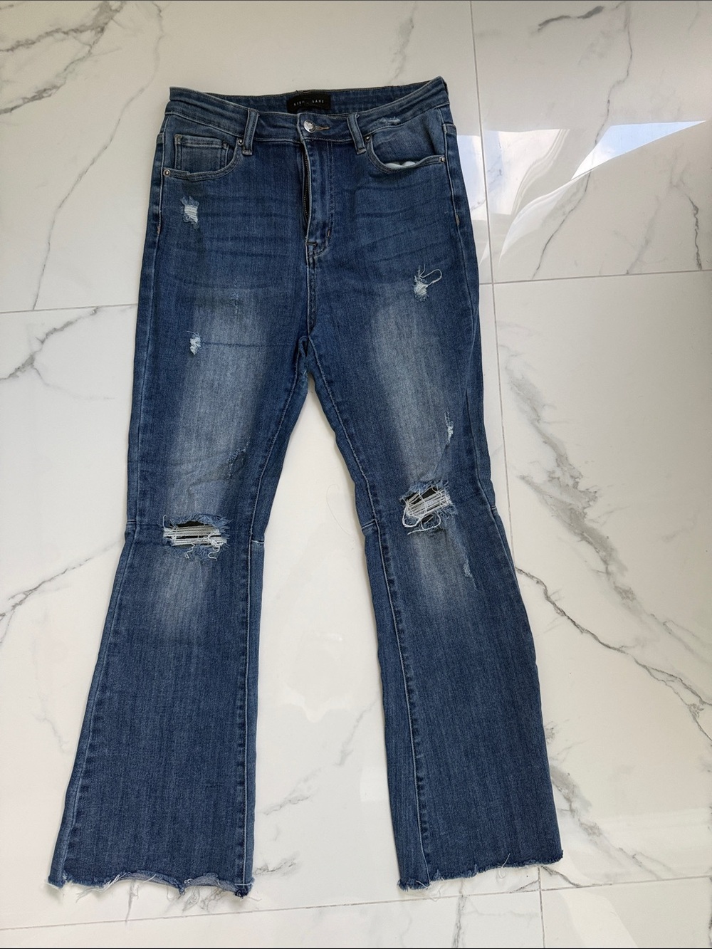 Distressed Dark Blue Flare Jeans - Women's High-Rise Wide Leg
